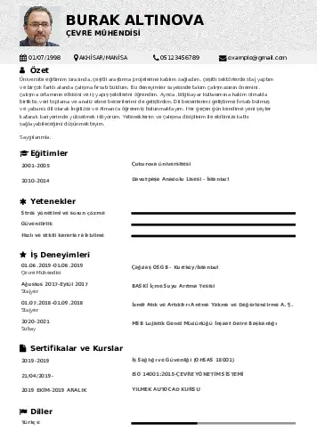 Çevre Mühendisi CV Örnekleri cv indir